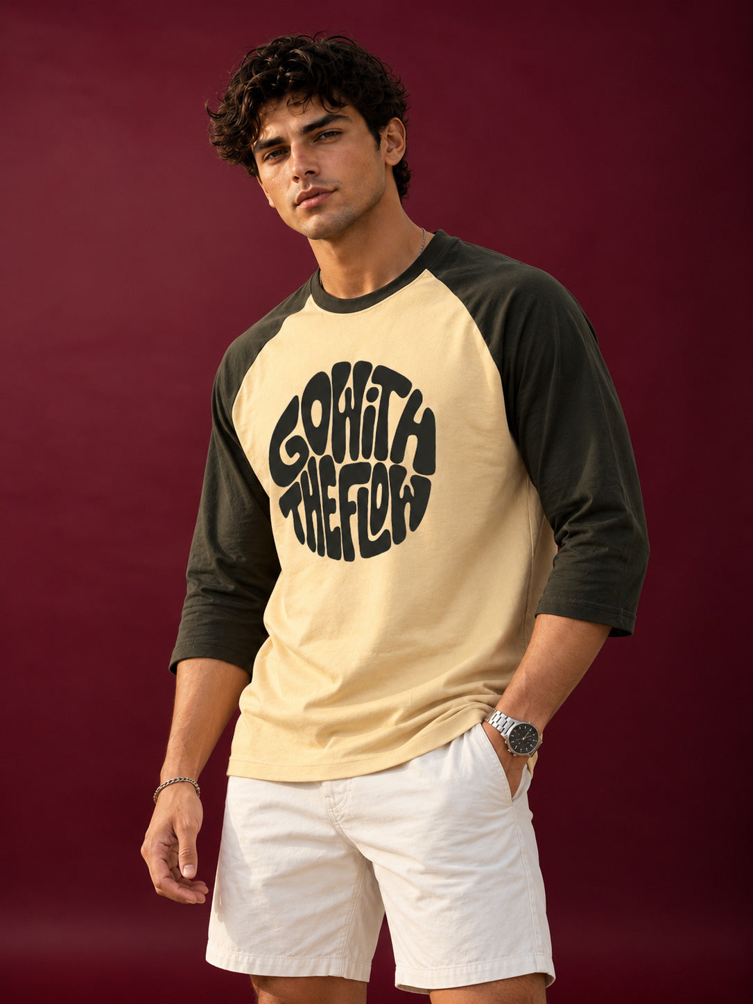 TeeVybe Men’s Beige & Black Raglan Full Sleeve Graphic Printed Round Neck T-Shirt – “Go With The Flow”