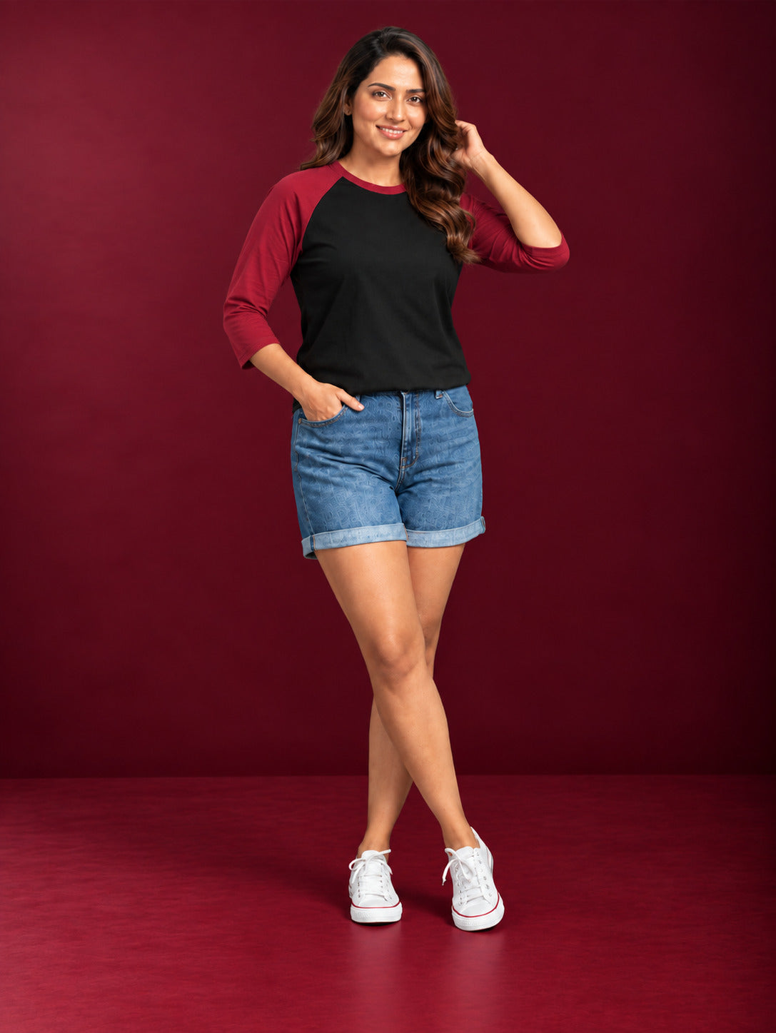 TeeVybe Women’s Black & Maroon 3/4 Sleeve Raglan T-Shirt | Regular Fit Round Neck Casual Tee