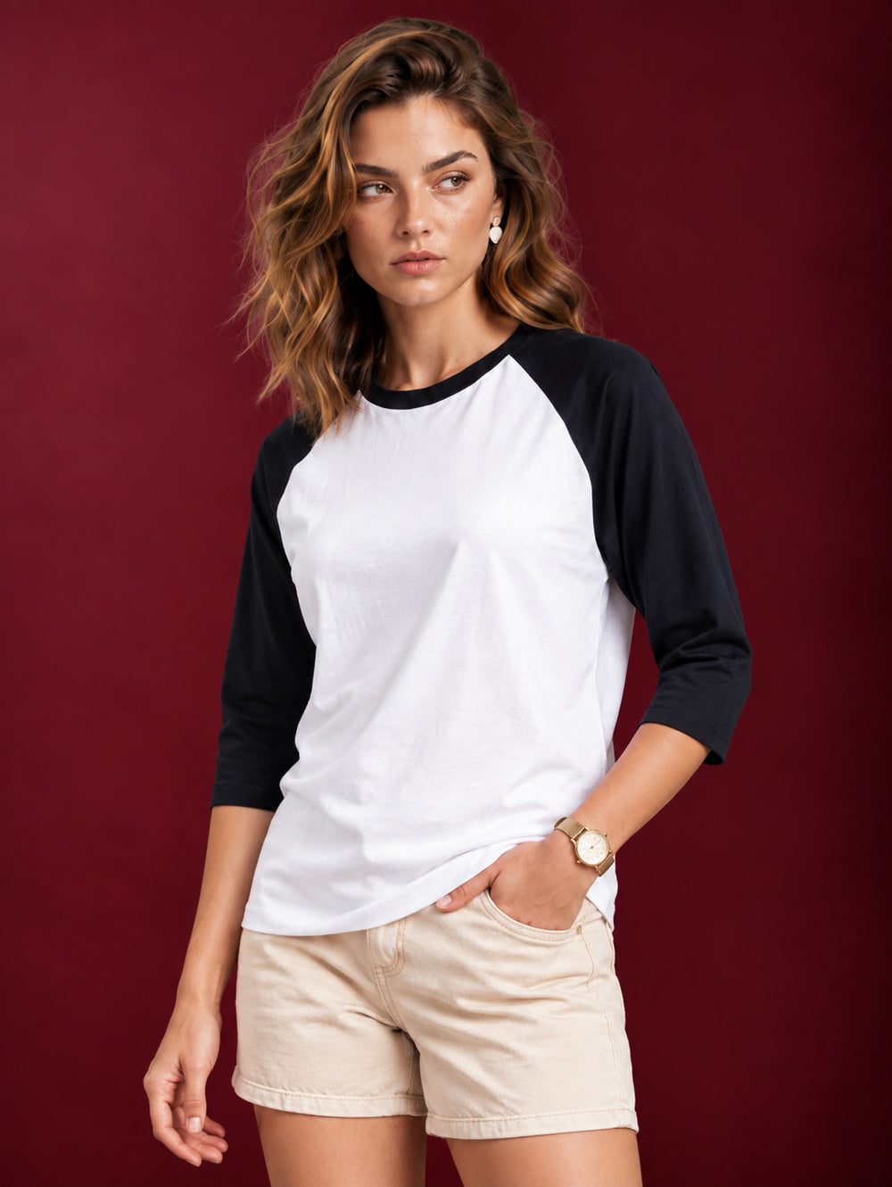 TeeVybe Women's 3/4 Sleeve Raglan T-Shirt | White & Black Contrast Round Neck Casual Top