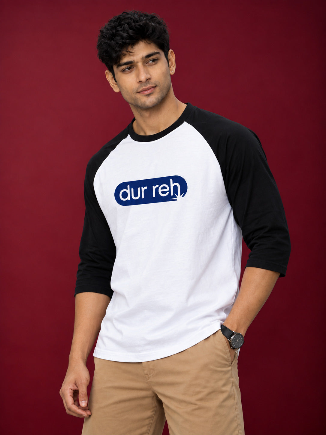 TeeVybe Men’s Dur Reh Graphic Printed White & Black Raglan 3/4 Sleeve T-Shirt
