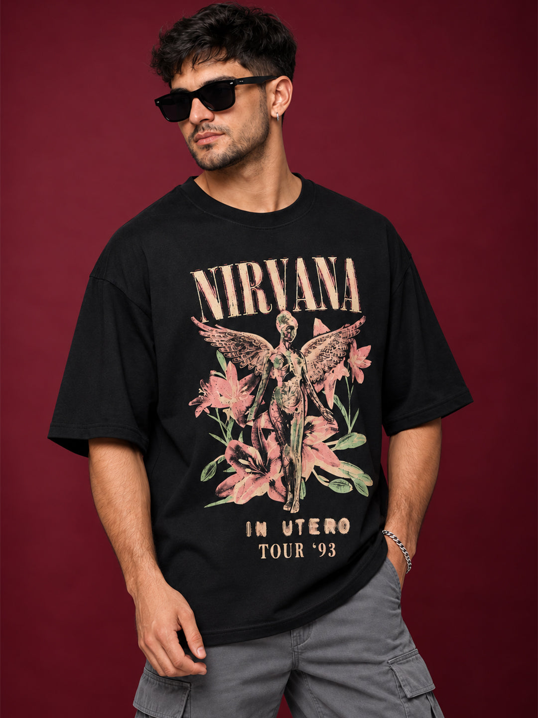 TeeVybe Men’s Black Graphic Printed Oversized Round Neck T-Shirt | Nirvana Angel Floral Graphic