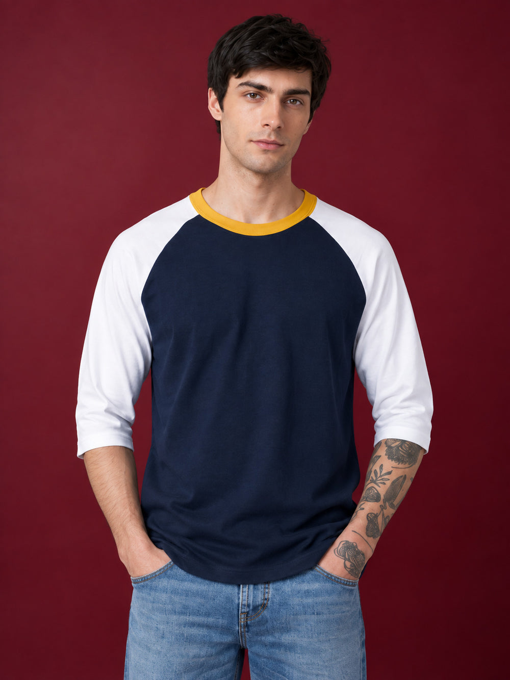 TeeVybe Men’s Navy Blue & White 3/4 Sleeve Raglan T-Shirt with Yellow Contrast Neck
