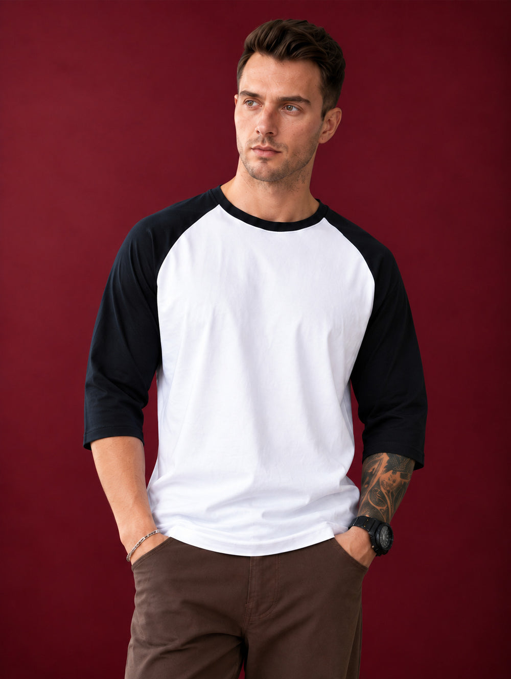 TeeVybe Men's 3/4 Sleeve Raglan T-Shirt | White & Black Contrast Round Neck Casual T-Shirt