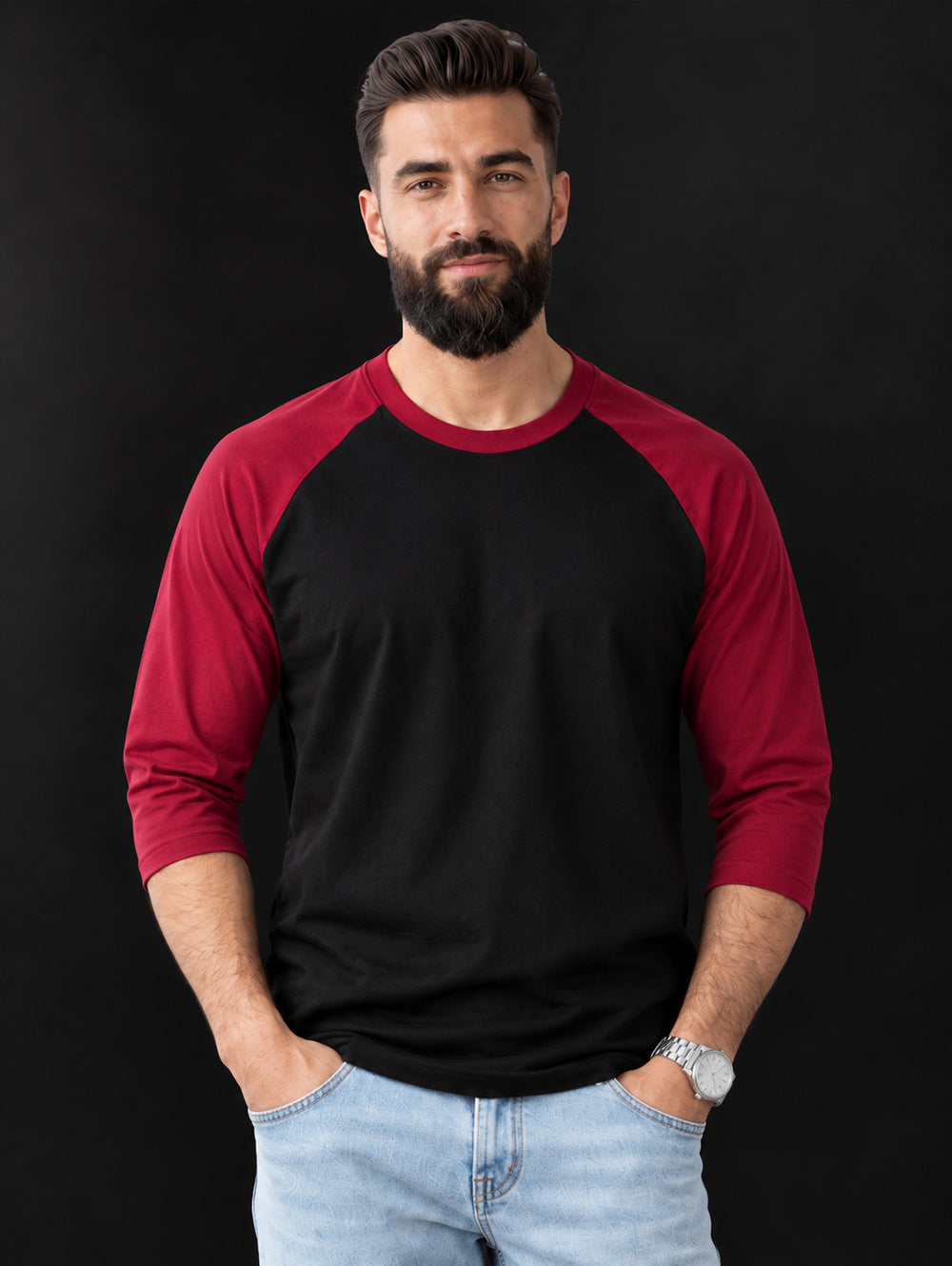 TeeVybe Men’s Black & Maroon 3/4 Sleeve Raglan T-Shirt | Regular Fit Round Neck Casual Tee