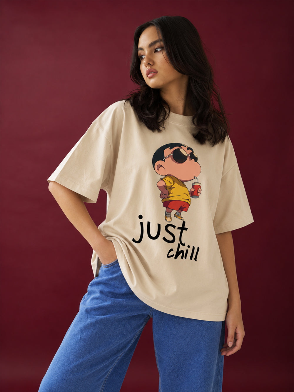 TeeVybe Women’s Beige Printed Oversized T-Shirt | Just Chill Cartoon Graphic Casual Tee