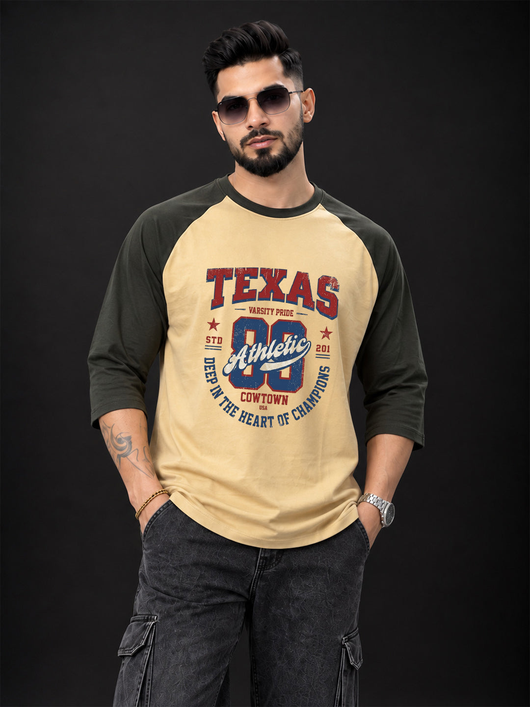 TeeVybe Men’s Texas Athletic Graphic Printed Beige & Black Raglan 3/4 Sleeve T-Shirt