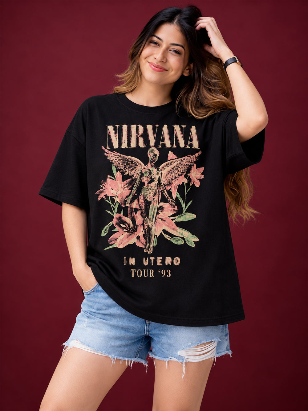 TeeVybe Women’s Black Graphic Printed Oversized Round Neck T-Shirt | Angel & Floral Vintage Graphic