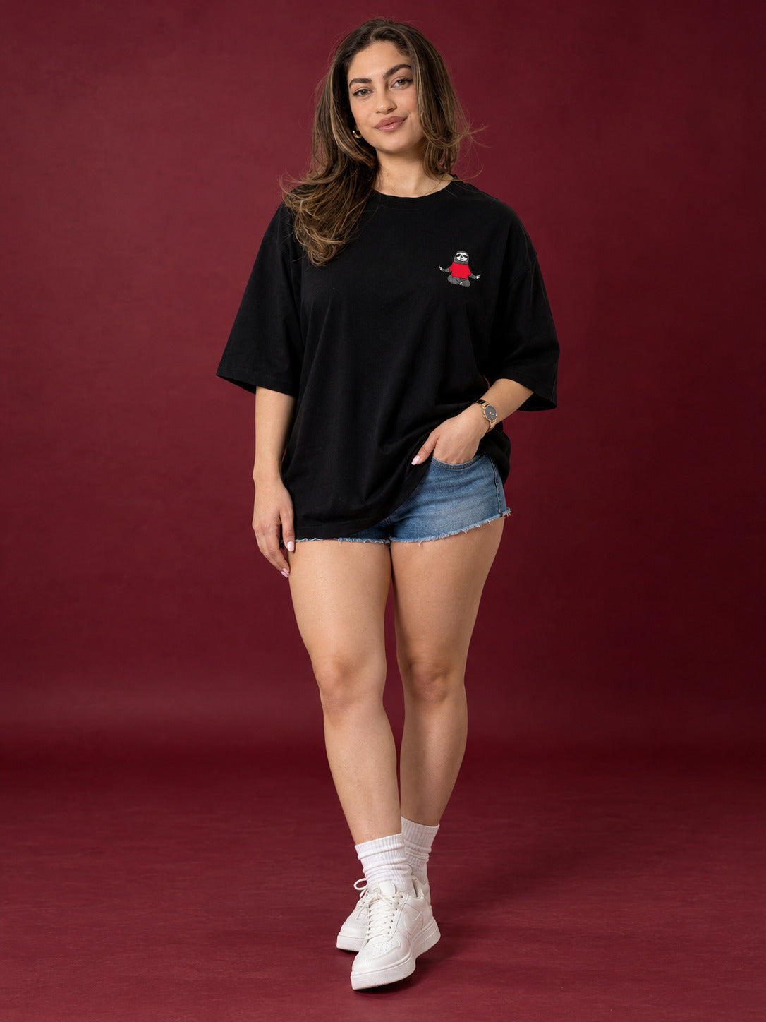 TeeVybe Women’s Black Graphic Printed Oversized Round Neck T-Shirt | Super Lazy Sloth Back Print