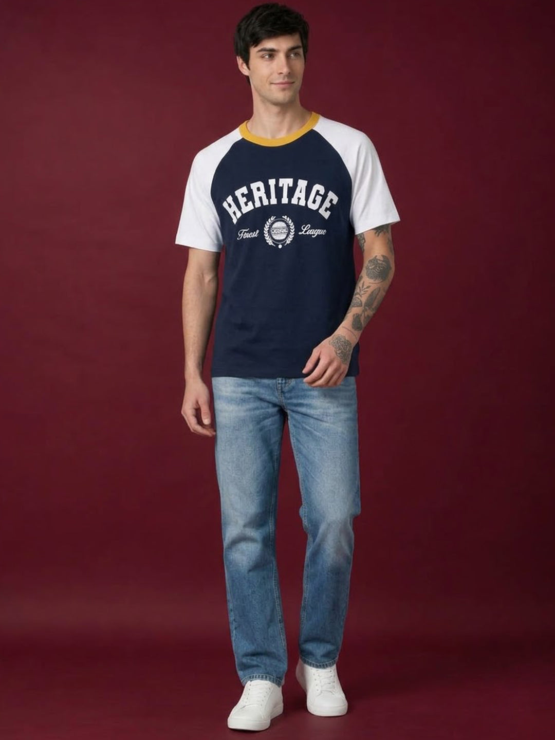 TeeVybe Men’s Navy Blue & White Raglan Sleeve Graphic Printed Round Neck T-Shirt