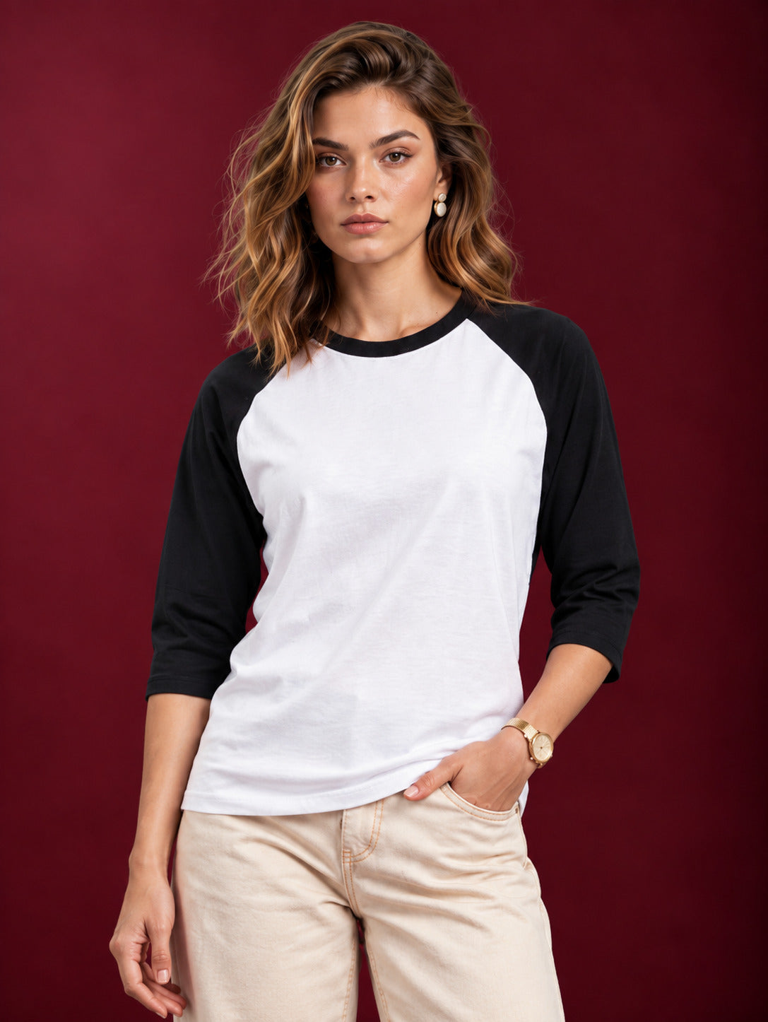 TeeVybe Women's 3/4 Sleeve Raglan T-Shirt | White & Black Contrast Round Neck Casual Top