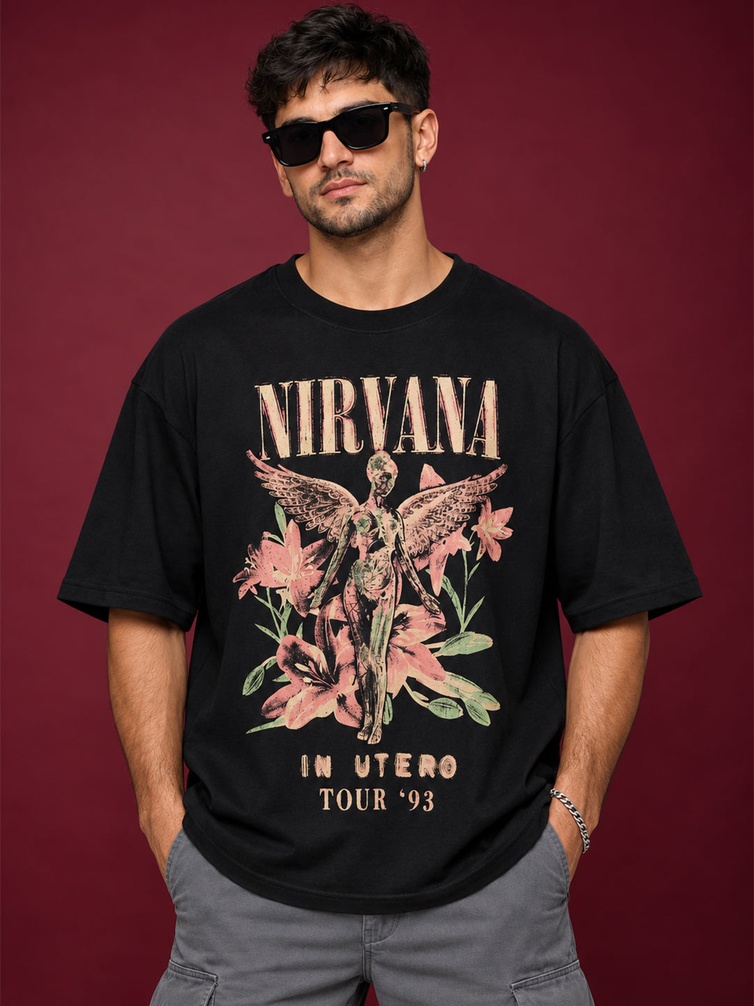 TeeVybe Men’s Black Graphic Printed Oversized Round Neck T-Shirt | Nirvana Angel Floral Graphic