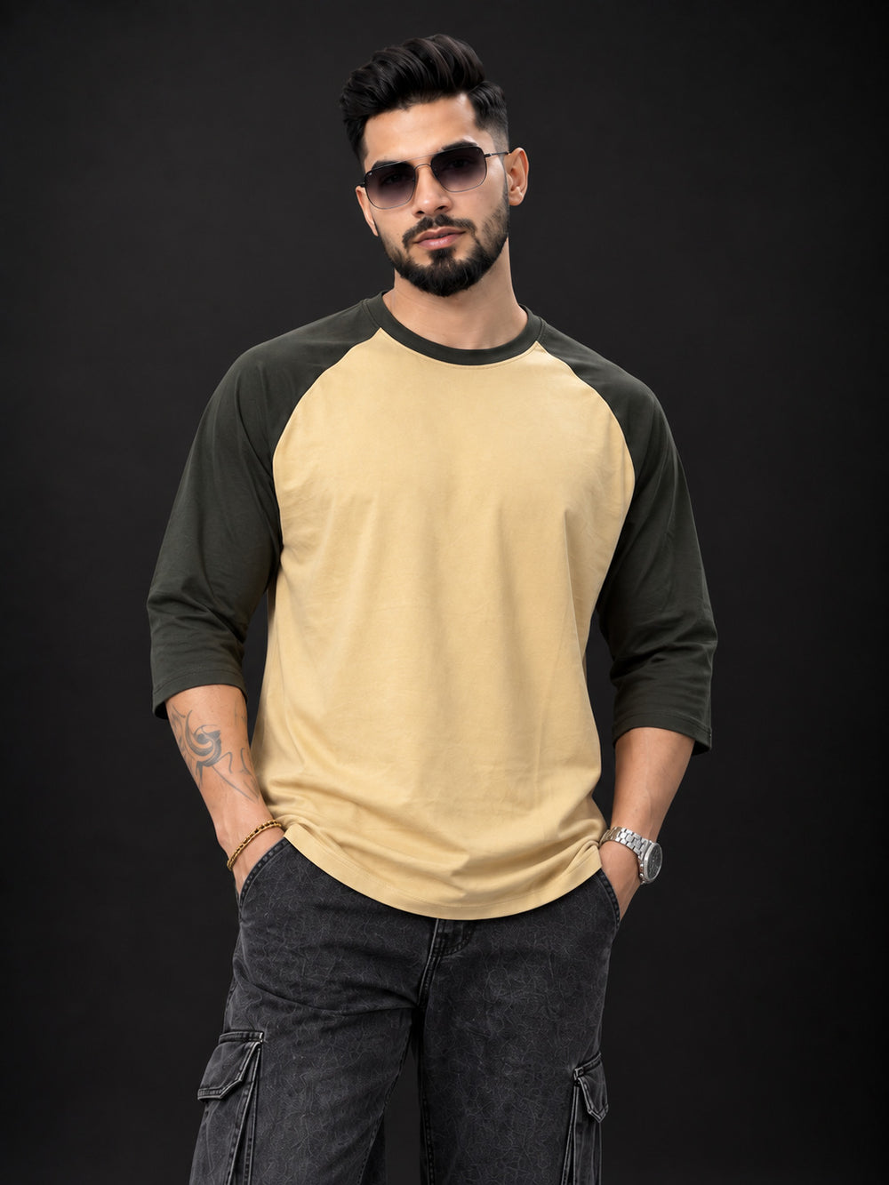 TeeVybe Men’s Beige & Olive Green 3/4 Sleeve Raglan T-Shirt | Round Neck Casual T-Shirt