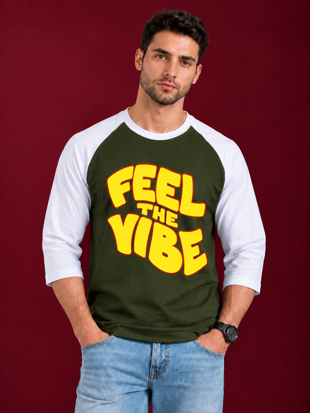 TeeVybe Men’s Feel The Vibe Graphic Printed Olive Green & White Raglan Full Sleeve T-Shirt