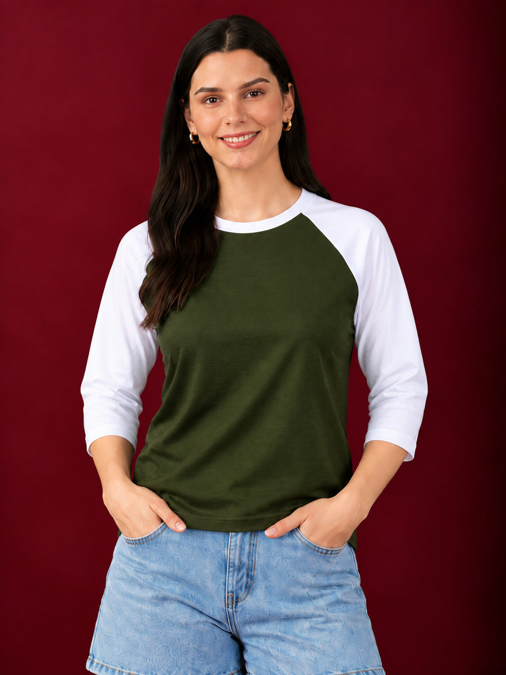 TeeVybe Women’s Olive Green & White 3/4 Sleeve Raglan T-Shirt | Regular Fit Round Neck Casual Tee