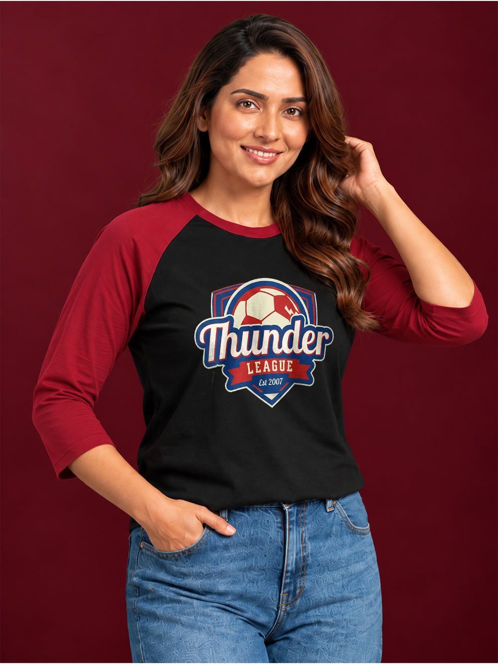 TeeVybe Women’s Thunder League Graphic Printed Raglan 3/4 Sleeve T-Shirt | Black & Red