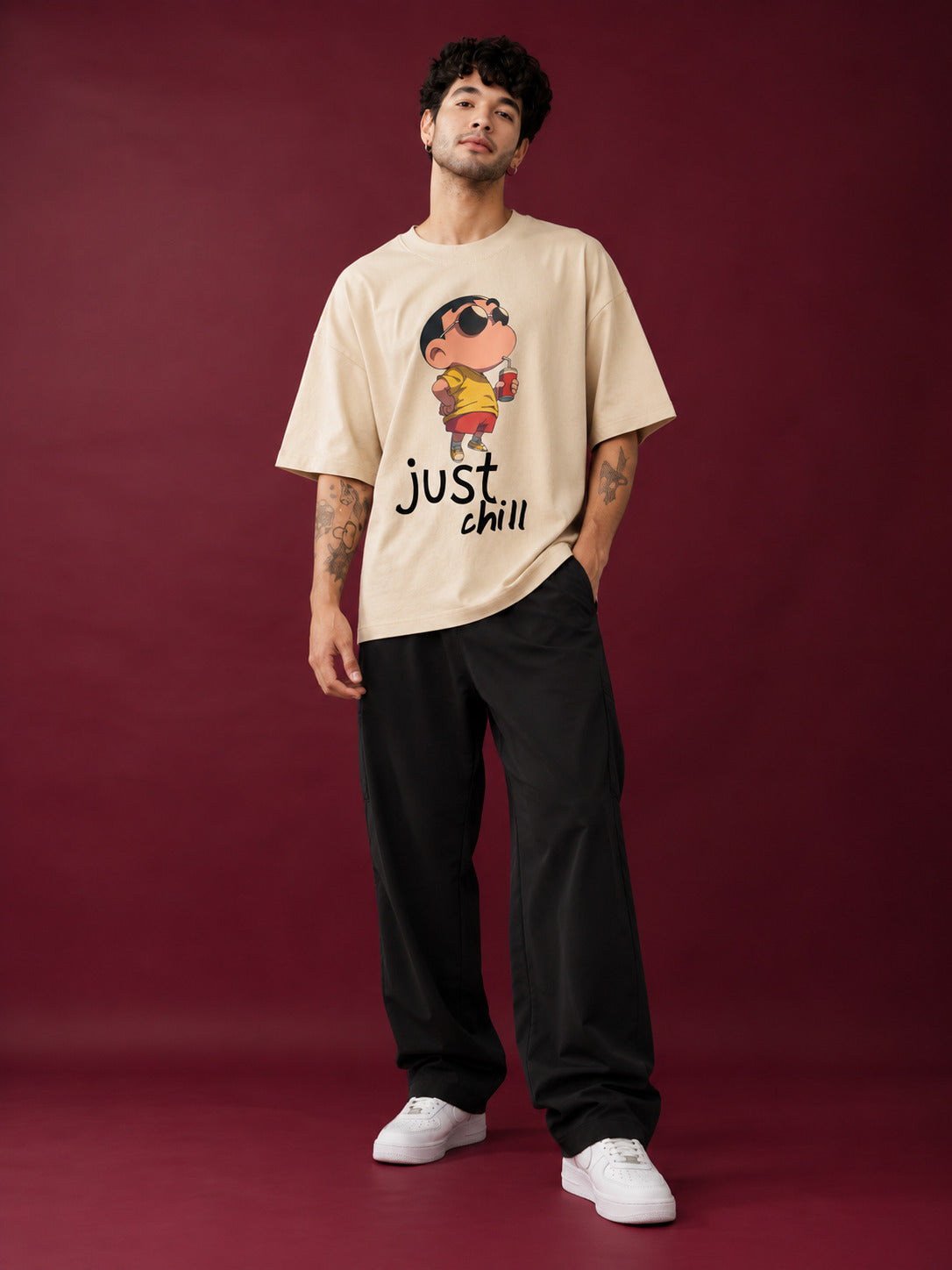 TeeVybe Men’s Beige Graphic Printed Oversized T-Shirt | Just Chill Cartoon Print Casual Streetwear Tee