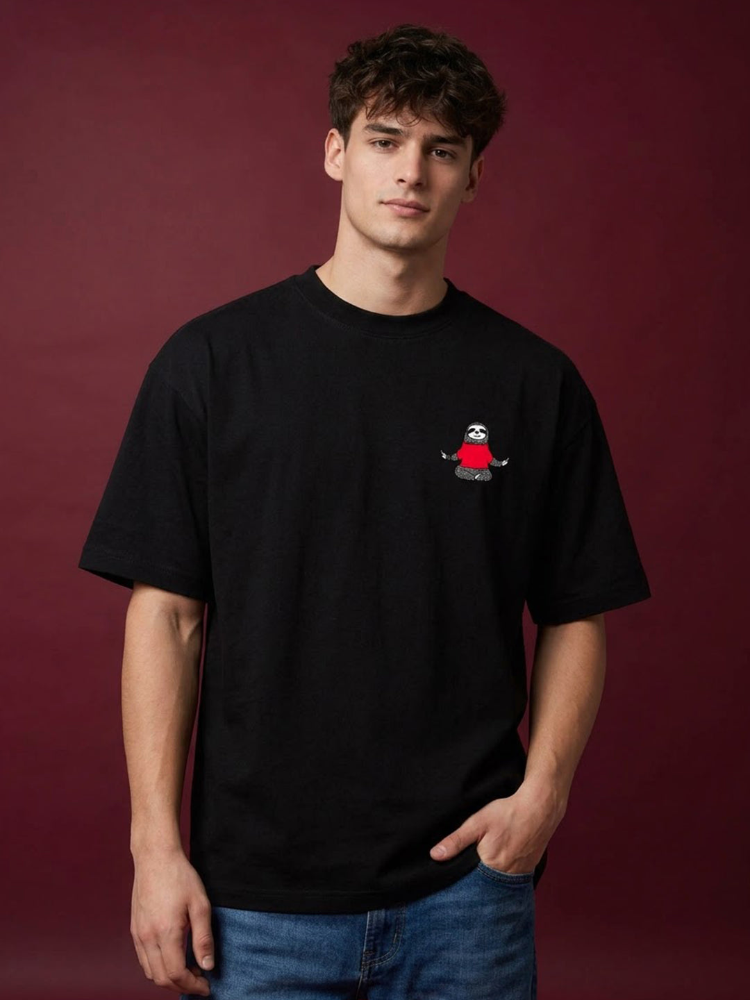 TeeVybe Men’s Black Graphic Printed Oversized Round Neck T-Shirt | Super Lazy Sloth Back Print