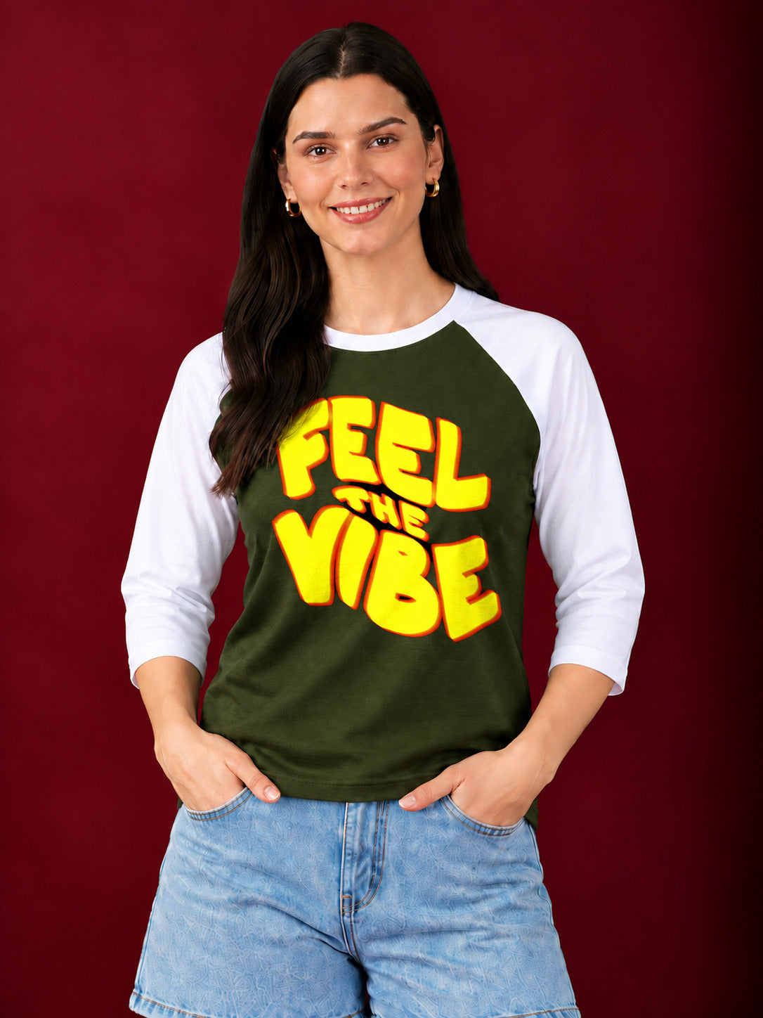 TeeVybe Women’s Feel The Vibe Graphic Printed Olive Green & White Raglan Full Sleeve T-Shirt