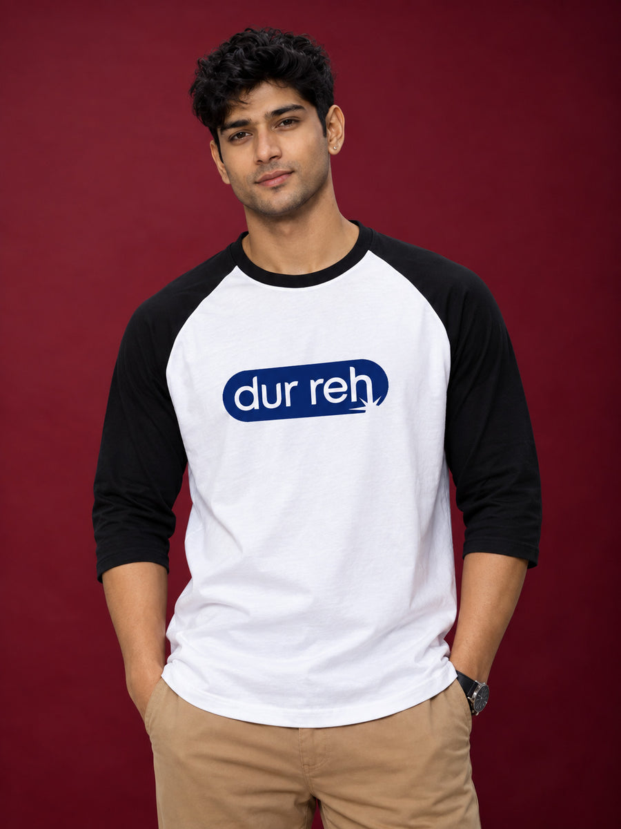 TeeVybe Men’s Dur Reh Graphic Printed White & Black Raglan 3/4 Sleeve T-Shirt