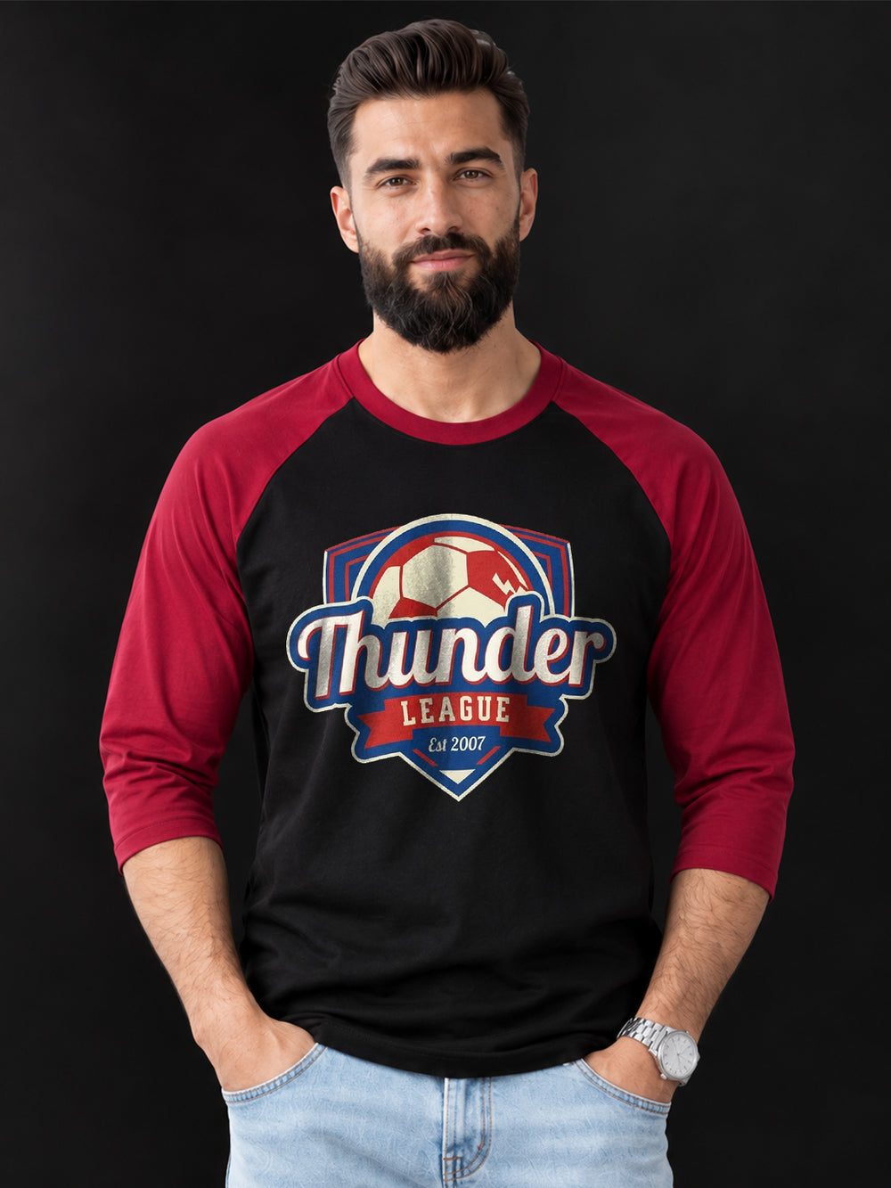 TeeVybe Men’s Thunder League Graphic Printed Raglan 3/4 Sleeve T-Shirt | Black & Red