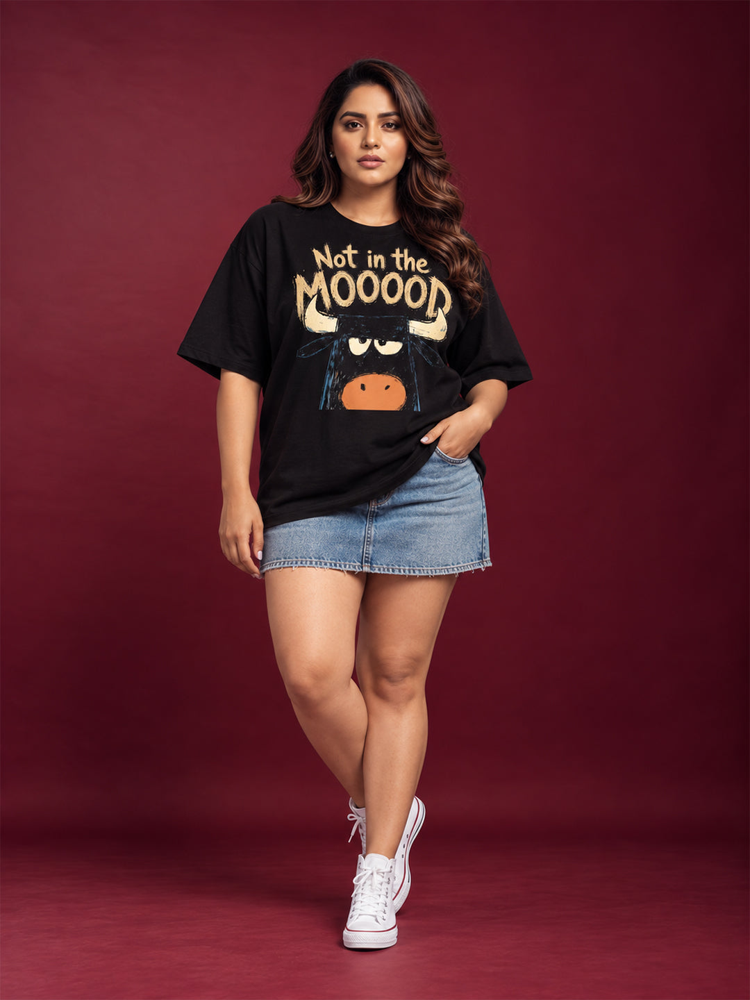 TeeVybe Women’s Black Graphic Printed Oversized Round Neck T-Shirt | Not in the MOOOOD Cow Print