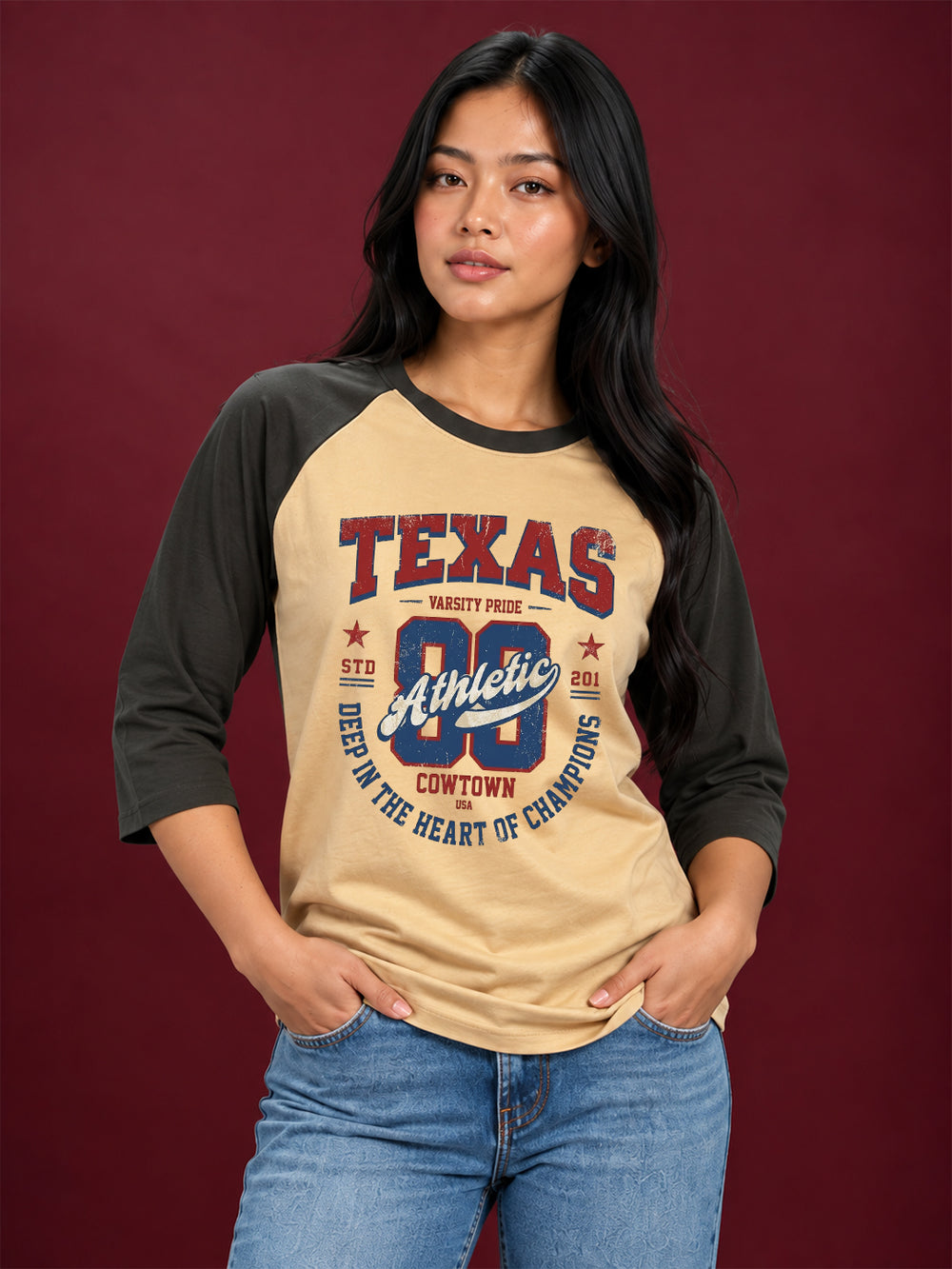 TeeVybe Women’s Texas Athletic Graphic Printed Beige & Black Raglan 3/4 Sleeve T-Shirt