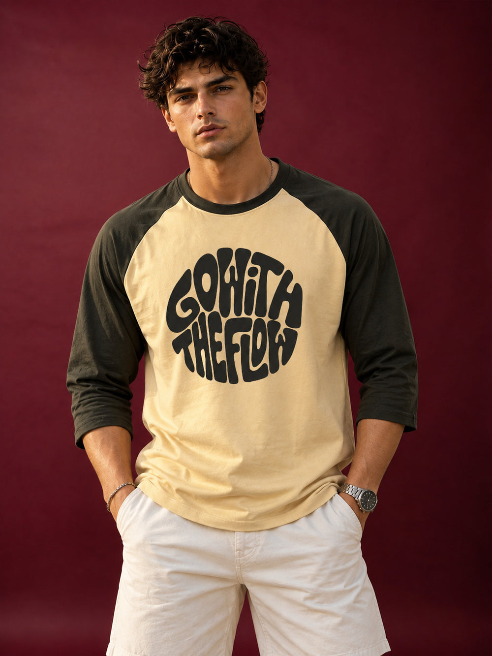 TeeVybe Men’s Beige & Black Raglan Full Sleeve Graphic Printed Round Neck T-Shirt – “Go With The Flow”