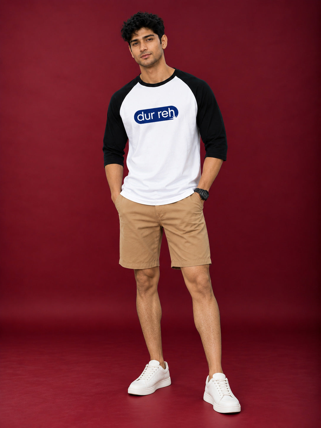 TeeVybe Men’s Dur Reh Graphic Printed White & Black Raglan 3/4 Sleeve T-Shirt