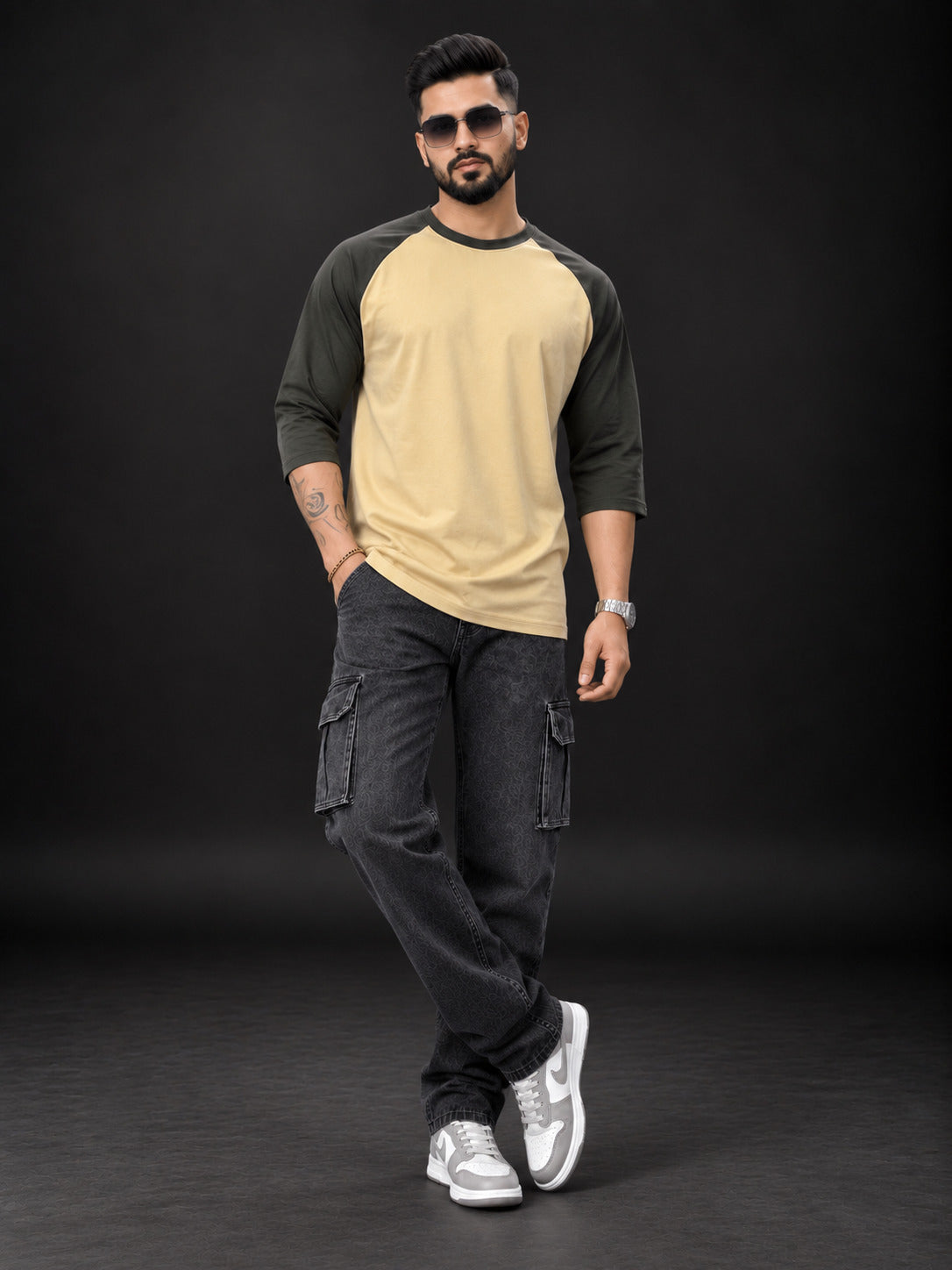 TeeVybe Men’s Beige & Olive Green 3/4 Sleeve Raglan T-Shirt | Round Neck Casual T-Shirt