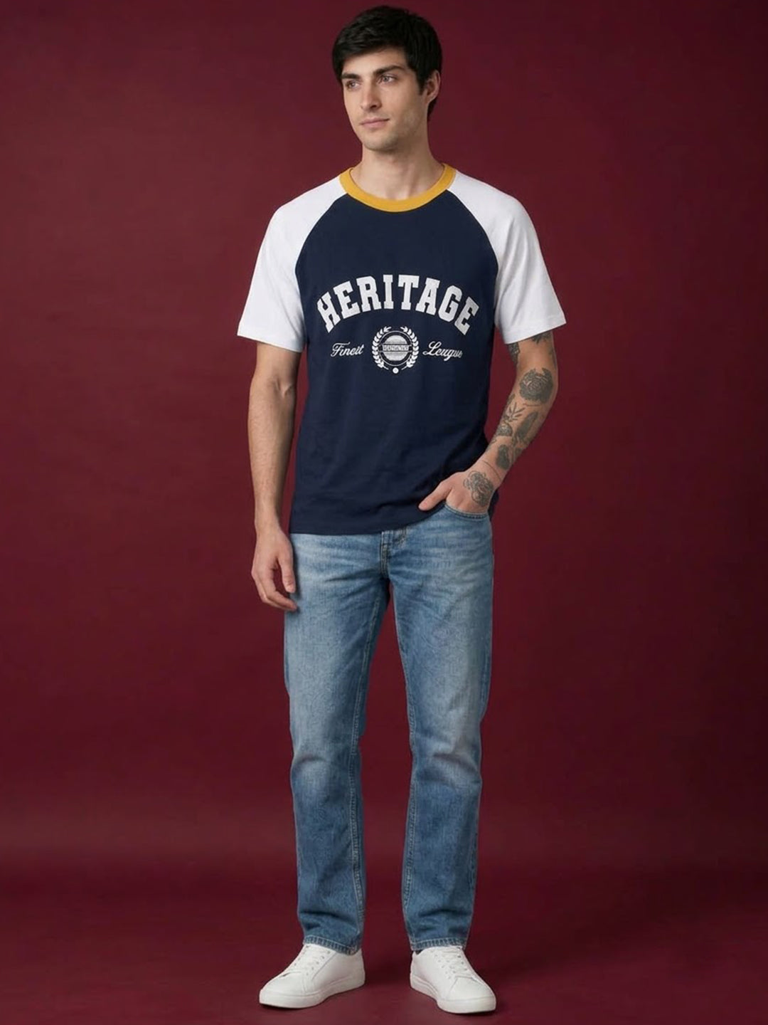 TeeVybe Men’s Navy Blue & White Raglan Sleeve Graphic Printed Round Neck T-Shirt