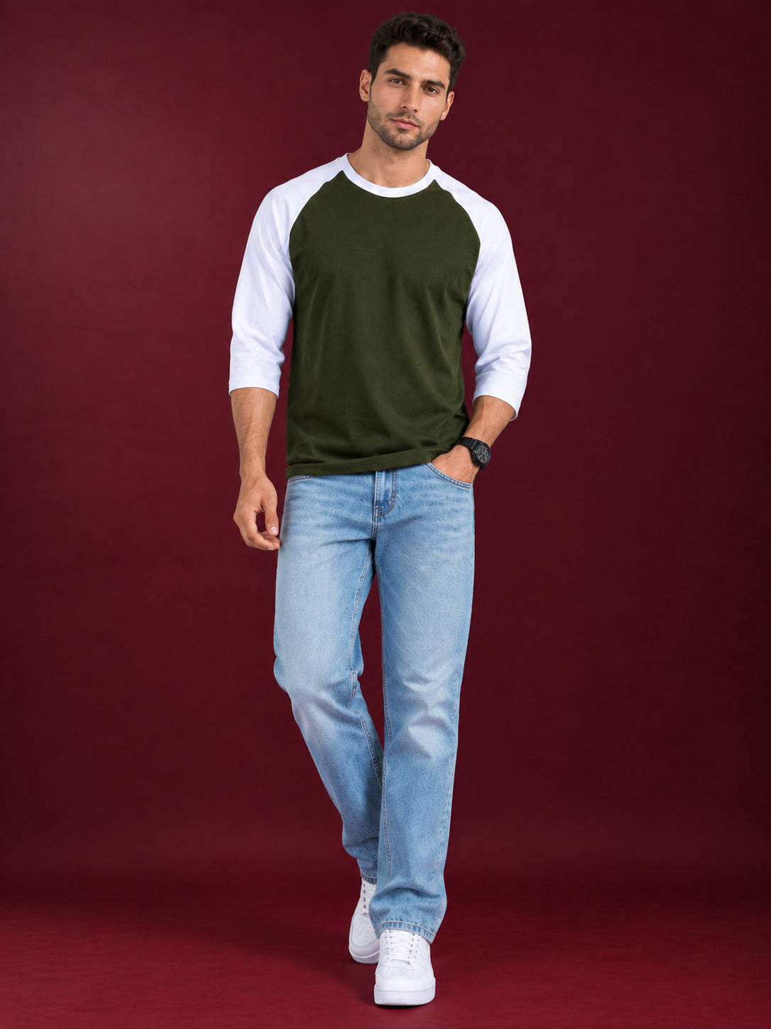 TeeVybe Men’s Olive Green & White 3/4 Sleeve Raglan T-Shirt | Regular Fit Round Neck Cotton Tee