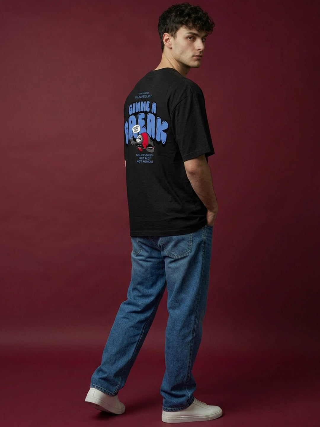 TeeVybe Men’s Black Graphic Printed Oversized Round Neck T-Shirt | Super Lazy Sloth Back Print