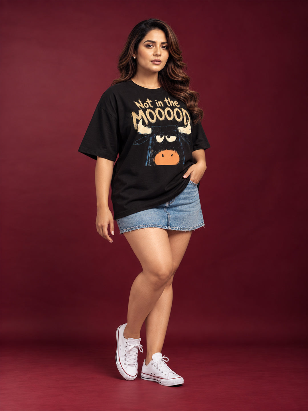 TeeVybe Women’s Black Graphic Printed Oversized Round Neck T-Shirt | Not in the MOOOOD Cow Print