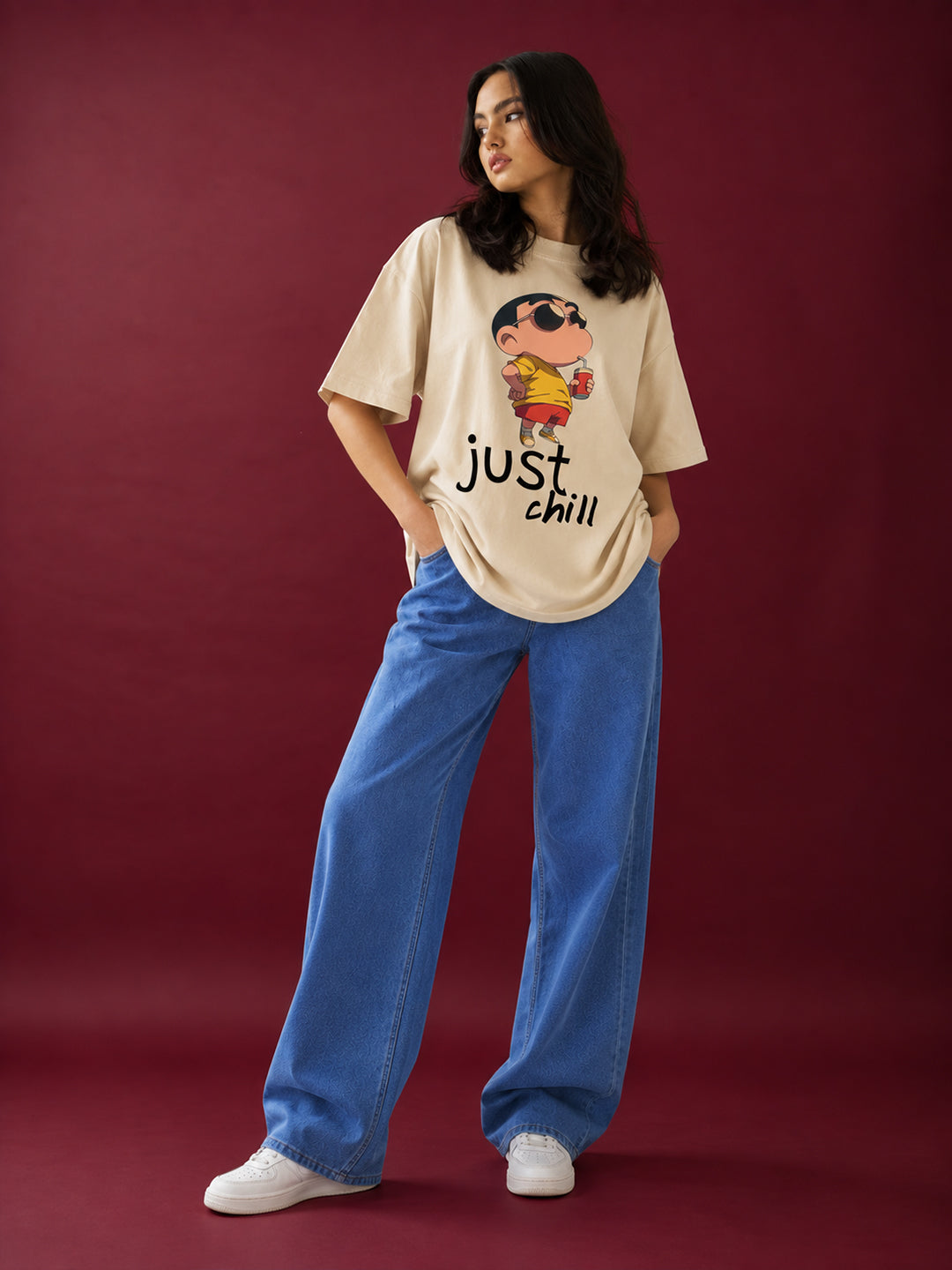 TeeVybe Women’s Beige Printed Oversized T-Shirt | Just Chill Cartoon Graphic Casual Tee