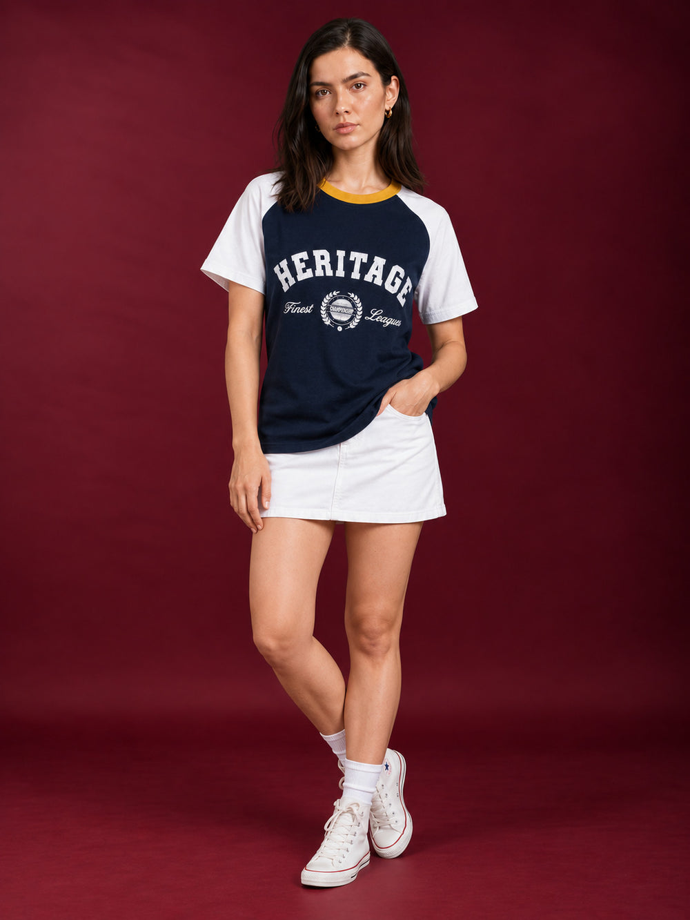 TeeVybe Women’s Navy Blue & White Raglan Sleeve Graphic Printed Round Neck T-Shirt