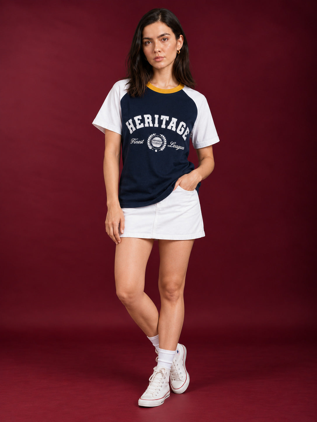 TeeVybe Women’s Navy Blue & White Raglan Sleeve Graphic Printed Round Neck T-Shirt