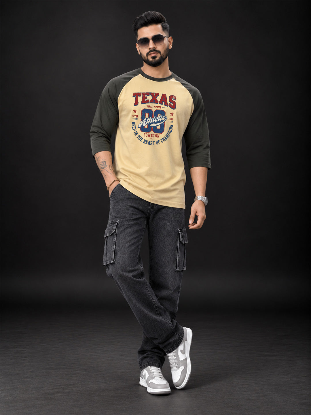 TeeVybe Men’s Texas Athletic Graphic Printed Beige & Black Raglan 3/4 Sleeve T-Shirt