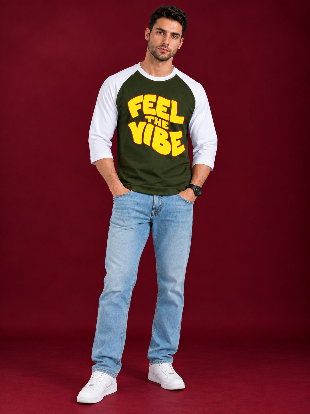 TeeVybe Men’s Feel The Vibe Graphic Printed Olive Green & White Raglan Full Sleeve T-Shirt