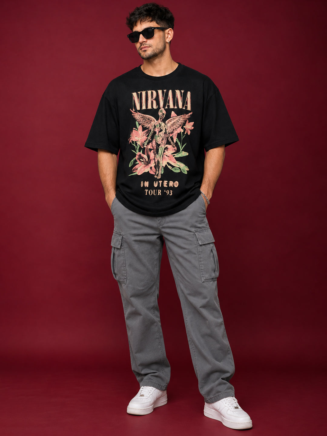 TeeVybe Men’s Black Graphic Printed Oversized Round Neck T-Shirt | Nirvana Angel Floral Graphic