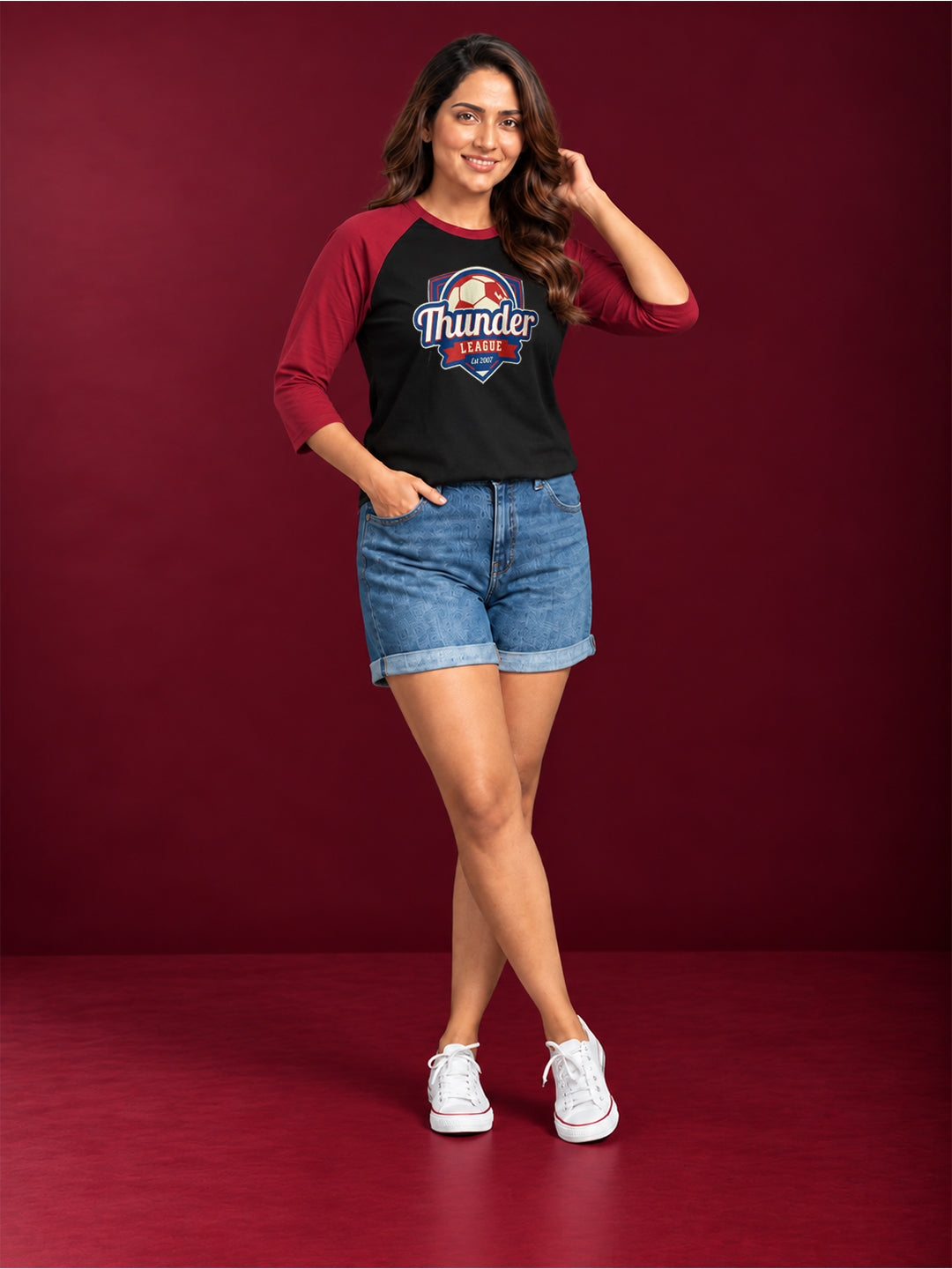 TeeVybe Women’s Thunder League Graphic Printed Raglan 3/4 Sleeve T-Shirt | Black & Red