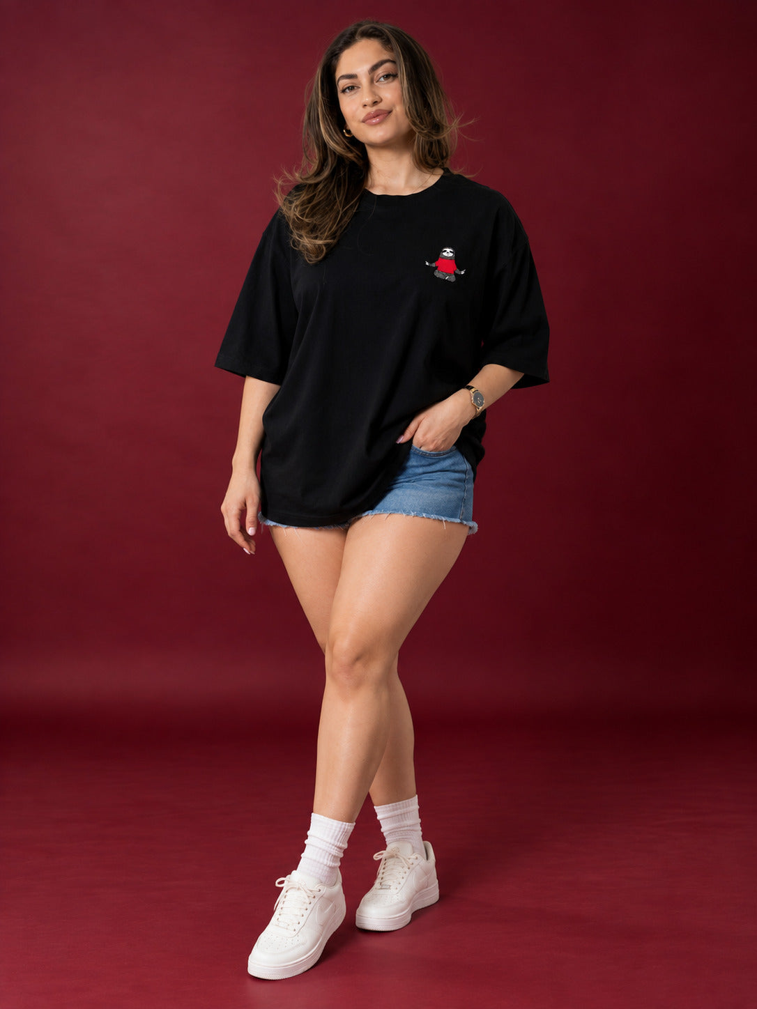 TeeVybe Women’s Black Graphic Printed Oversized Round Neck T-Shirt | Super Lazy Sloth Back Print