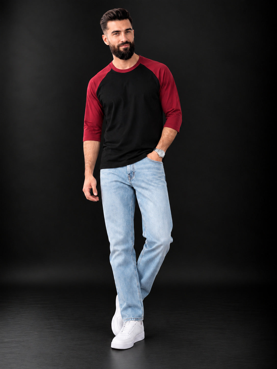 TeeVybe Men’s Black & Maroon 3/4 Sleeve Raglan T-Shirt | Regular Fit Round Neck Casual Tee