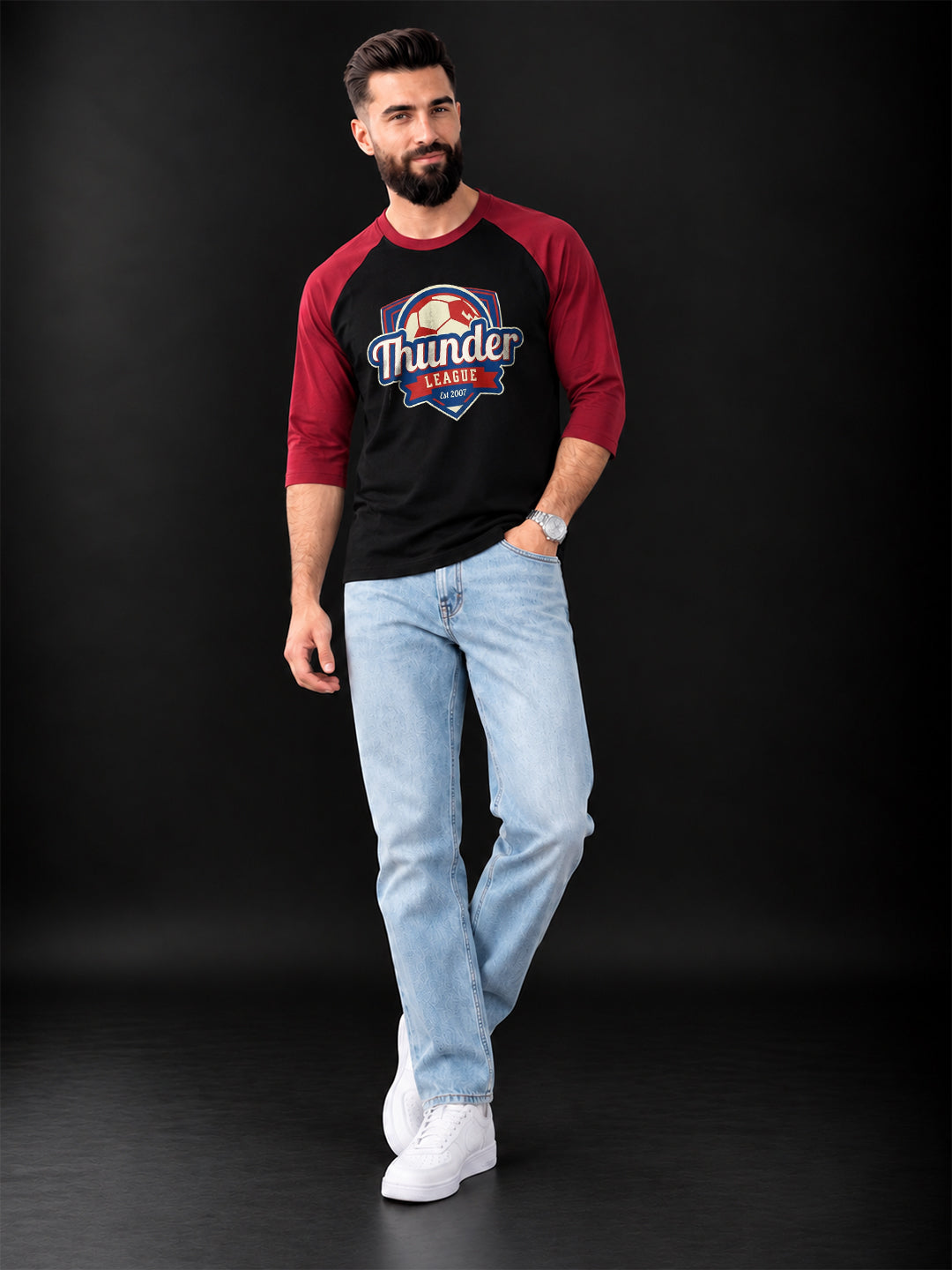 TeeVybe Men’s Thunder League Graphic Printed Raglan 3/4 Sleeve T-Shirt | Black & Red