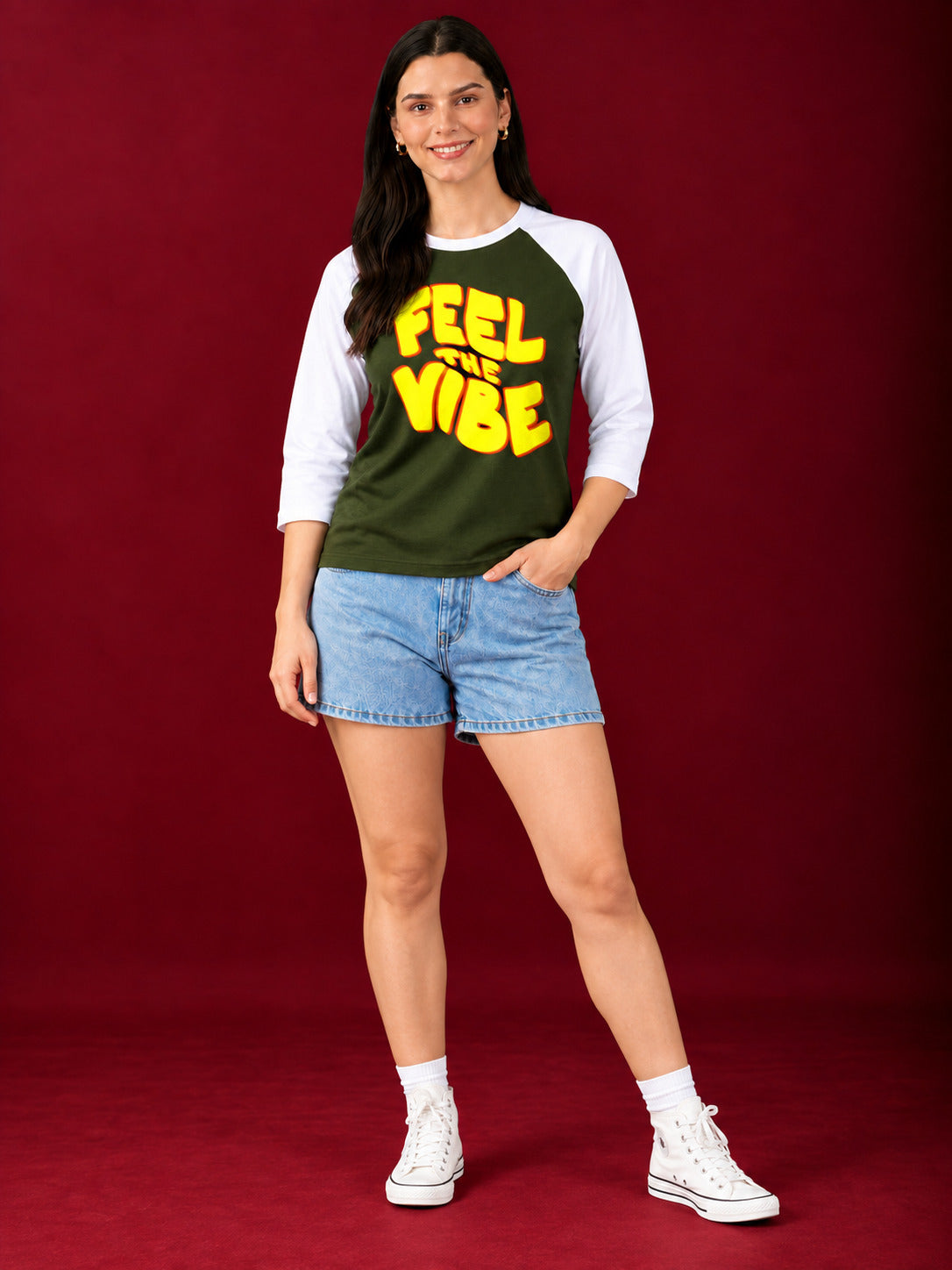 TeeVybe Women’s Feel The Vibe Graphic Printed Olive Green & White Raglan Full Sleeve T-Shirt