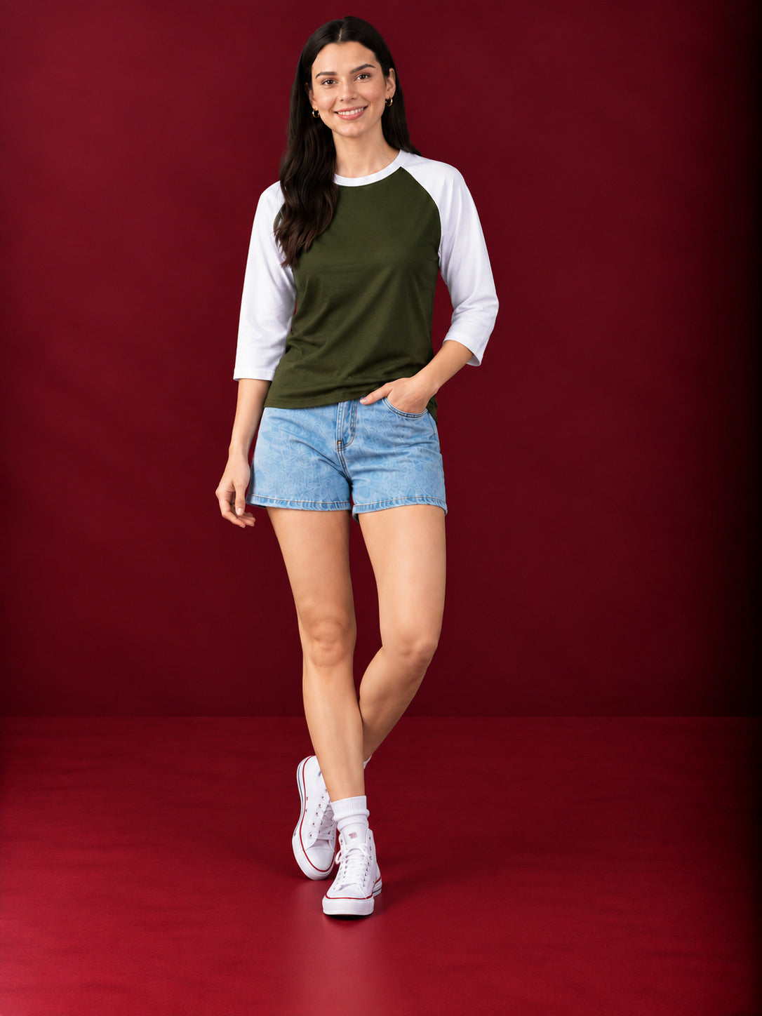 TeeVybe Women’s Olive Green & White 3/4 Sleeve Raglan T-Shirt | Regular Fit Round Neck Casual Tee