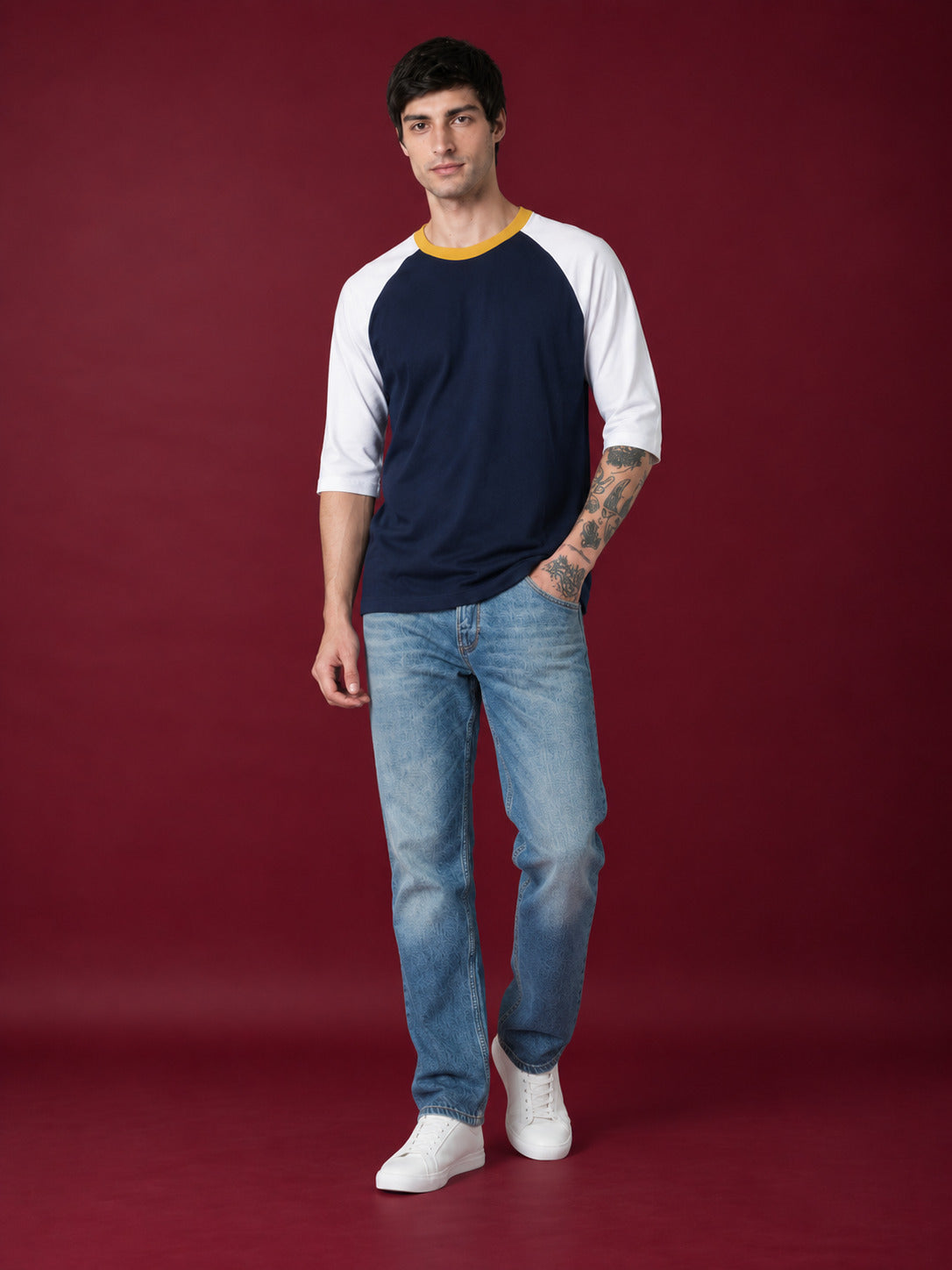 TeeVybe Men’s Navy Blue & White 3/4 Sleeve Raglan T-Shirt with Yellow Contrast Neck
