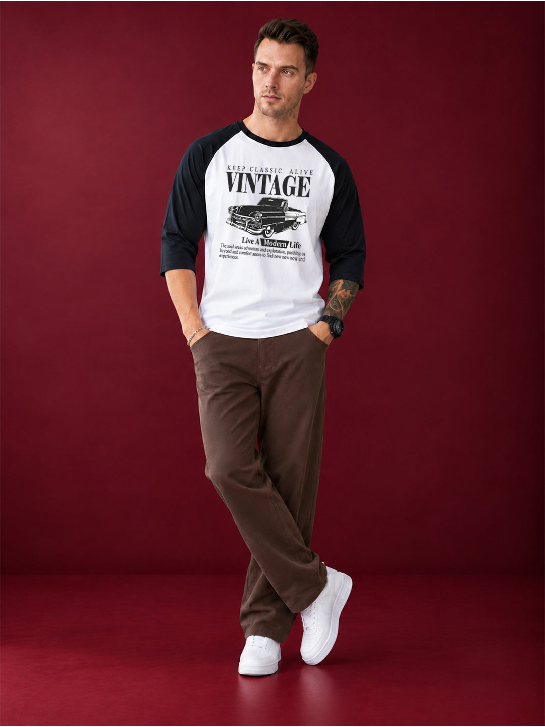 TeeVybe Men’s Vintage Car Graphic Printed Raglan 3/4 Sleeve T-Shirt | White & Black