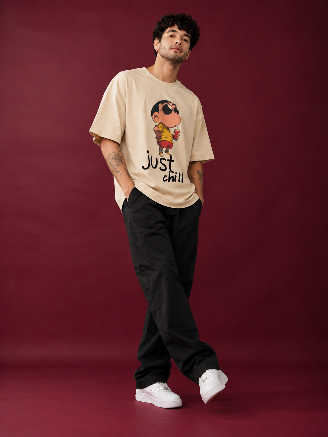 TeeVybe Men’s Beige Graphic Printed Oversized T-Shirt | Just Chill Cartoon Print Casual Streetwear Tee