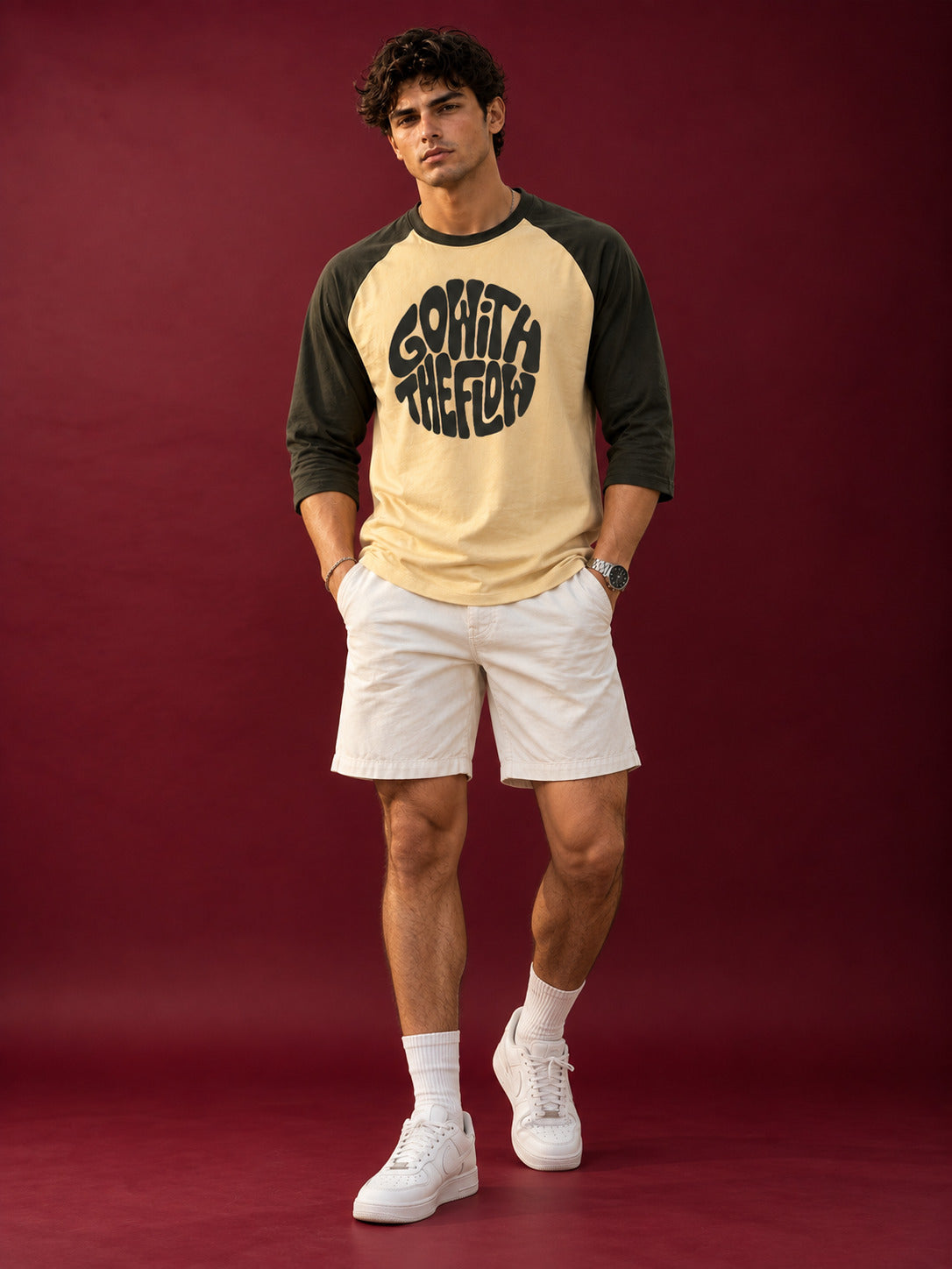 TeeVybe Men’s Beige & Black Raglan Full Sleeve Graphic Printed Round Neck T-Shirt – “Go With The Flow”