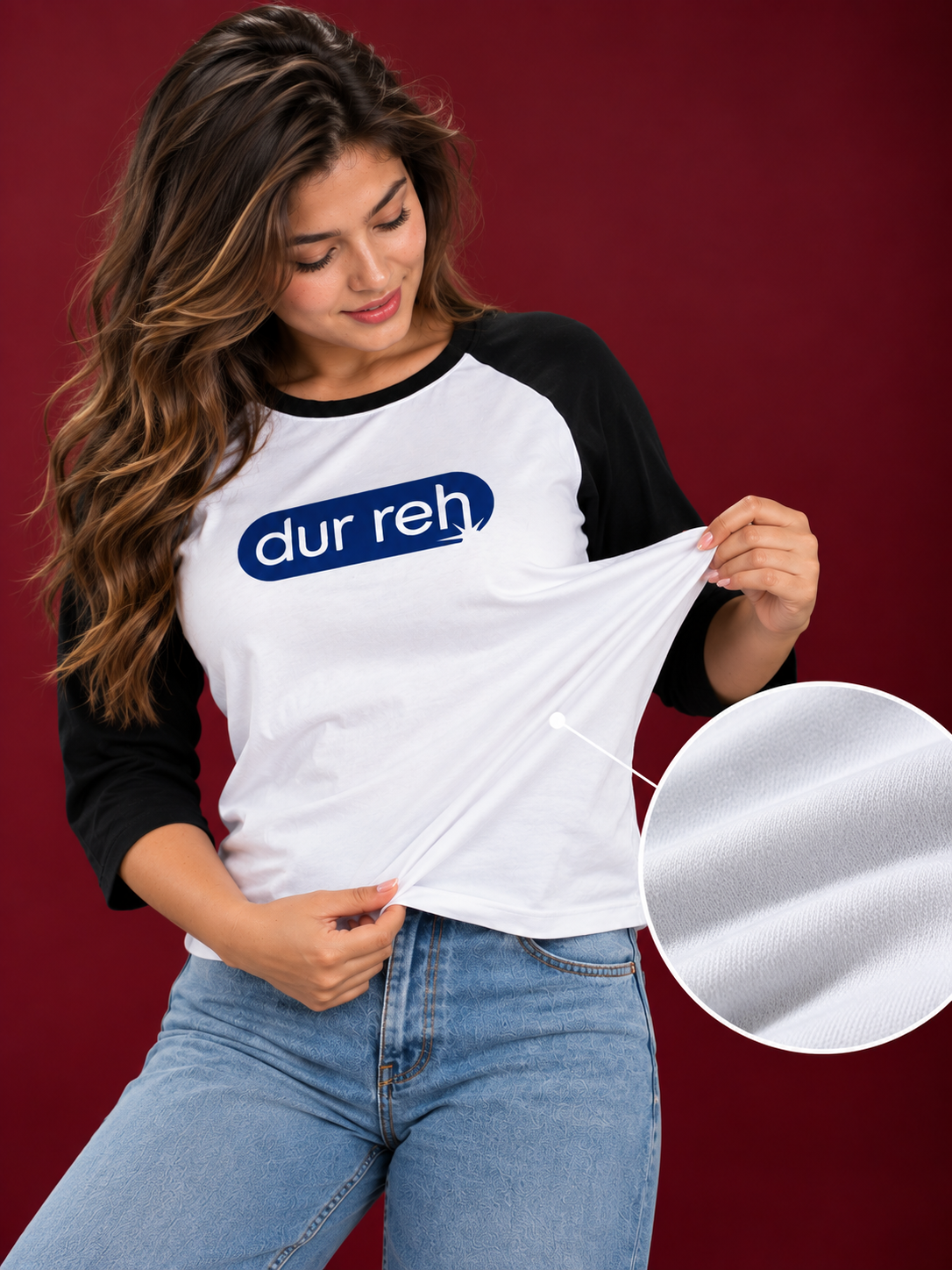 TeeVybe Women’s Dur Reh Graphic Printed White & Black Raglan 3/4 Sleeve T-Shirt